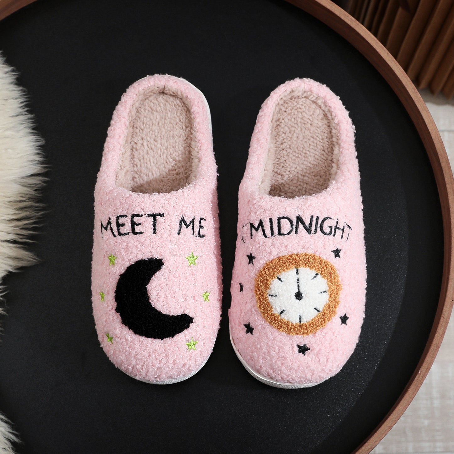 Fashion Moon and Clock Print Home Winter Slippers for Women