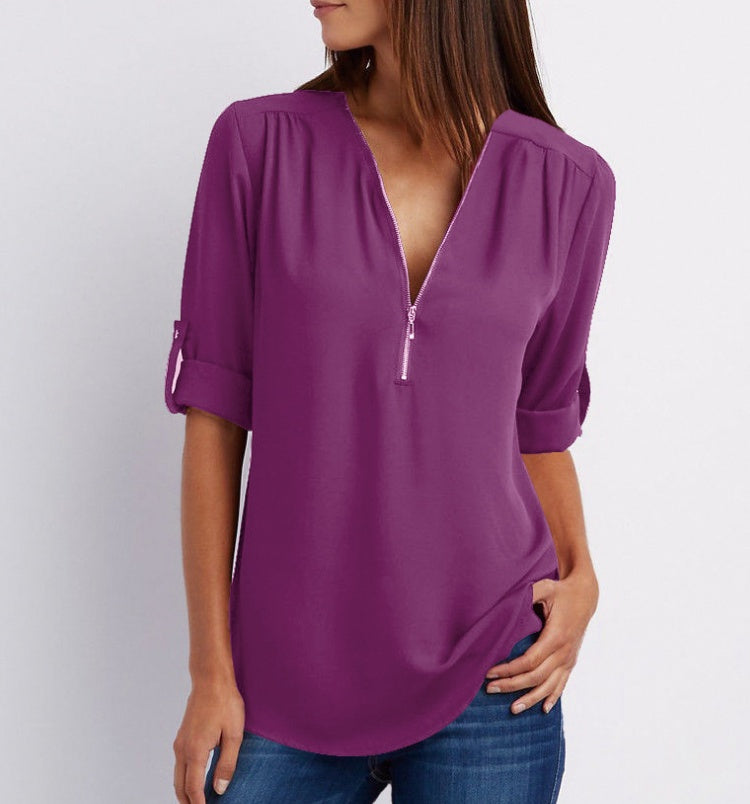 Zip V-neck Shirts Women - Willy05Boutique