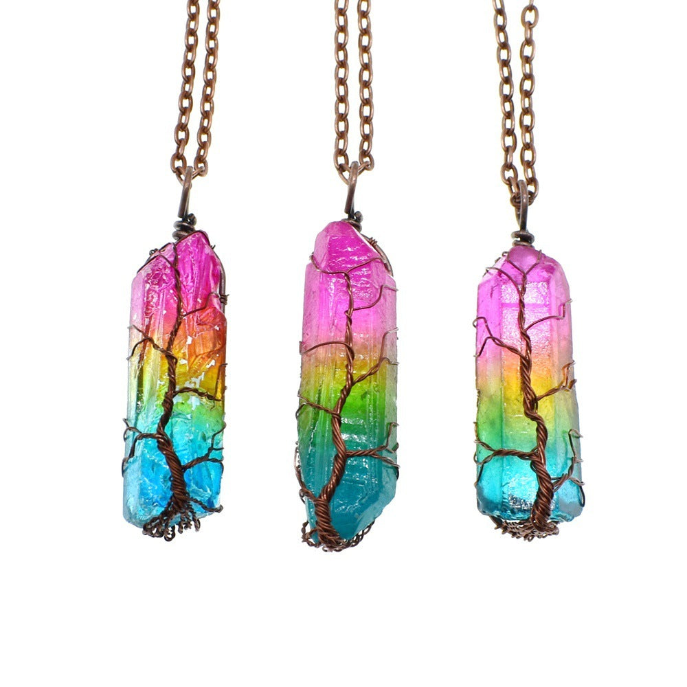 Crystal Stone Pillar Tree of Life Pendant Necklace - Willy05Boutique