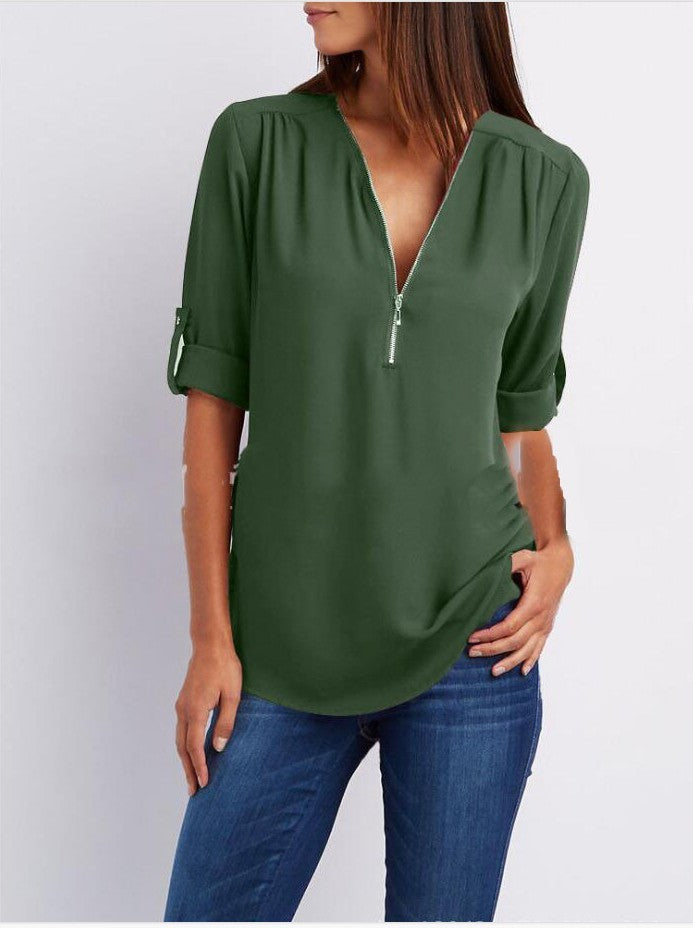 Zip V-neck Shirts Women - Willy05Boutique