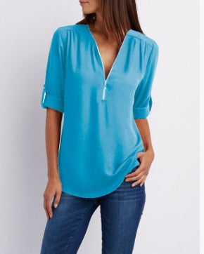 Zip V-neck Shirts Women - Willy05Boutique