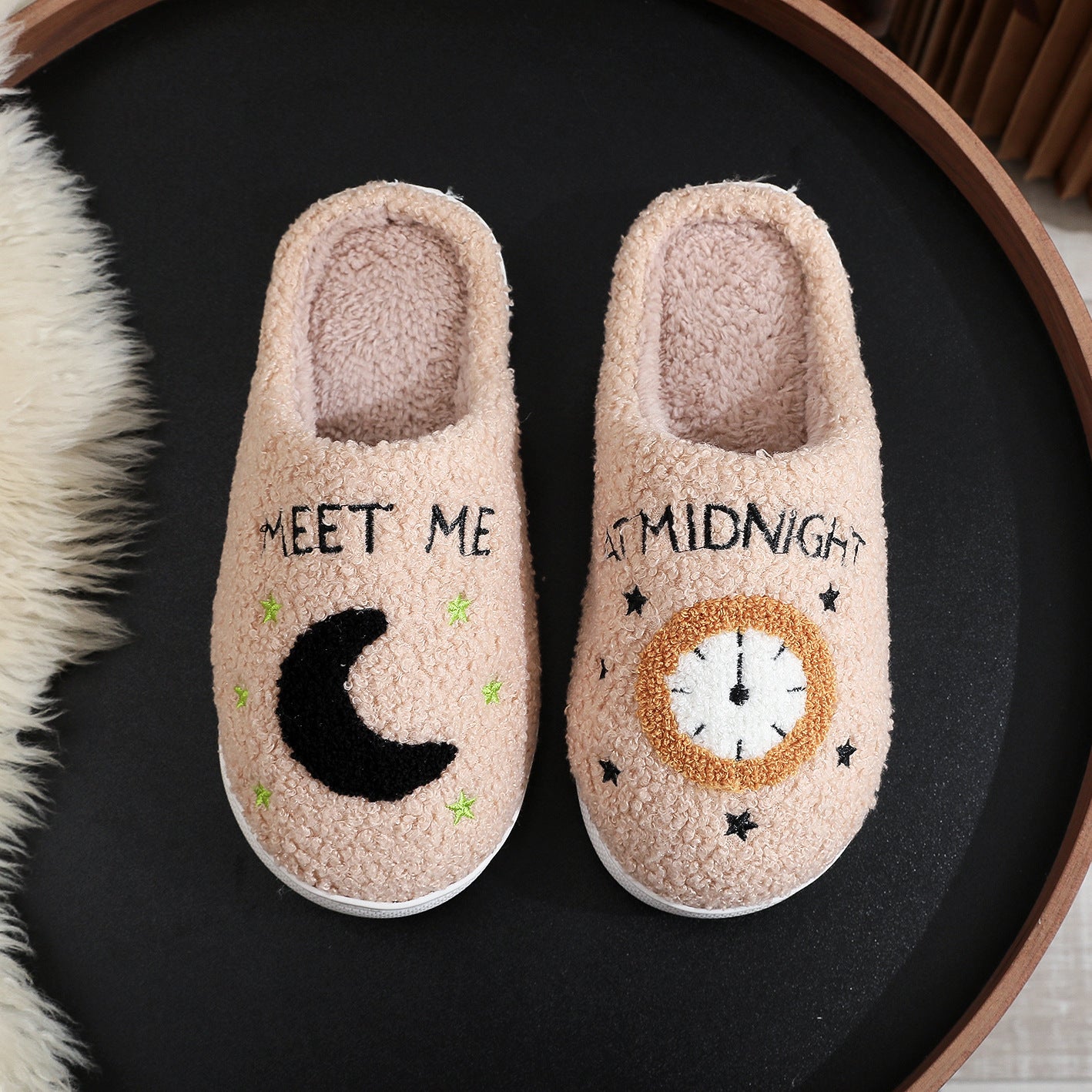 Fashion Moon and Clock Print Home Winter Slippers for Women