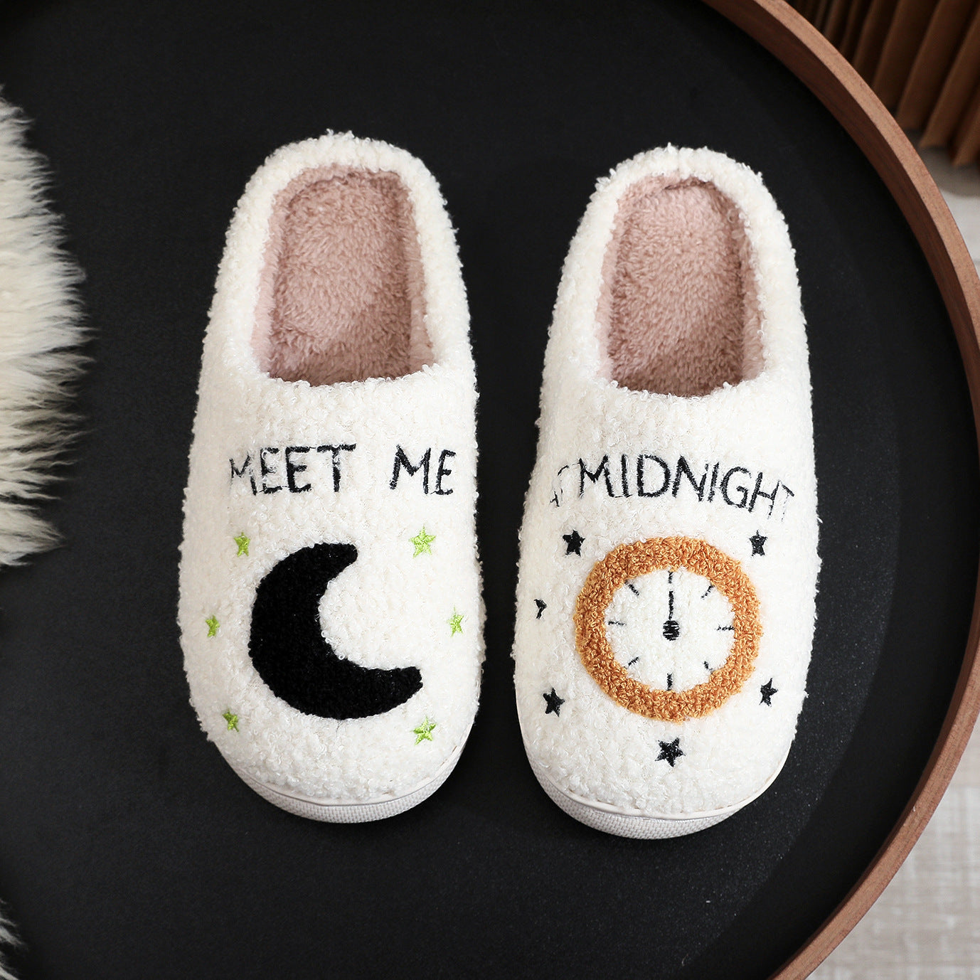 Fashion Moon and Clock Print Home Winter Slippers for Women