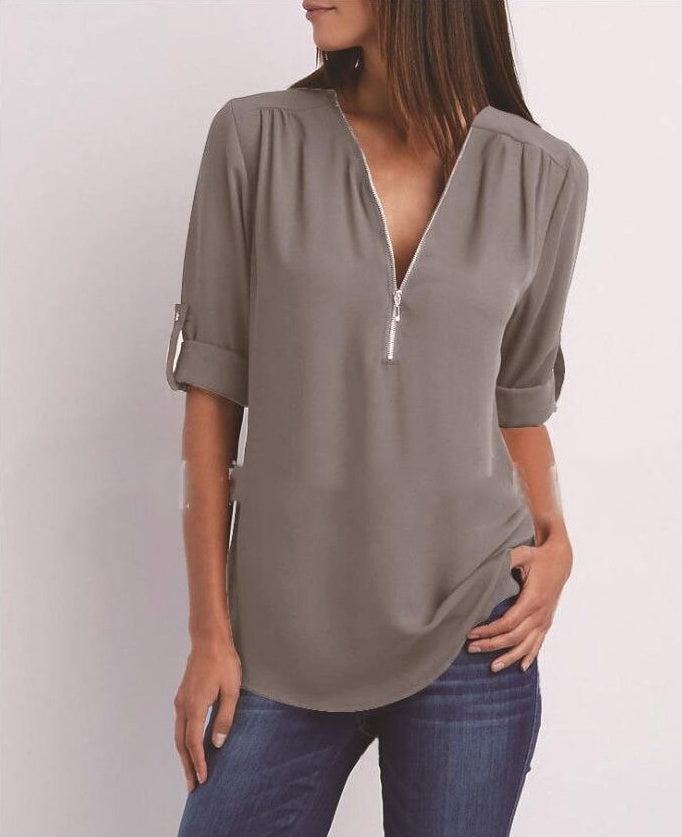 Zip V-neck Shirts Women - Willy05Boutique