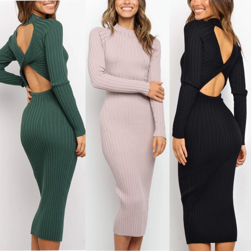 Women's Suits Sweater and Tight dress with Solid Color Backless