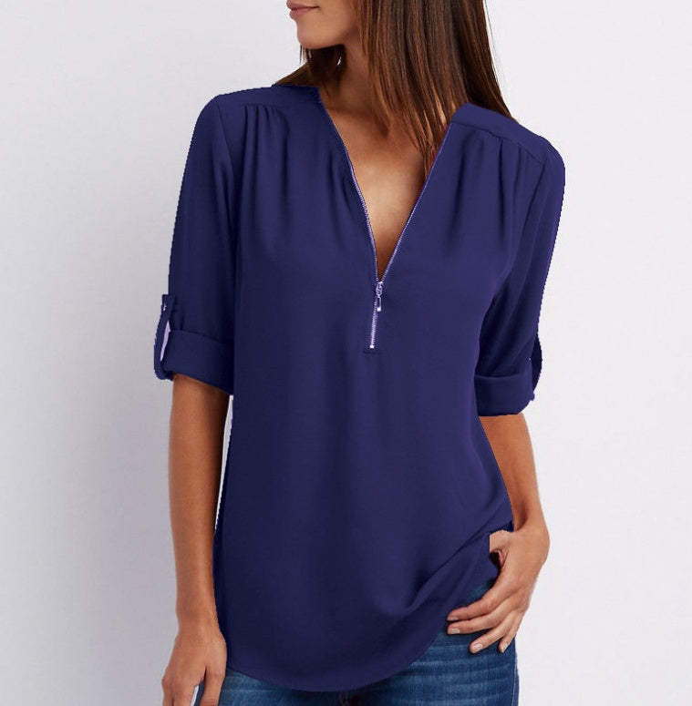 Zip V-neck Shirts Women - Willy05Boutique