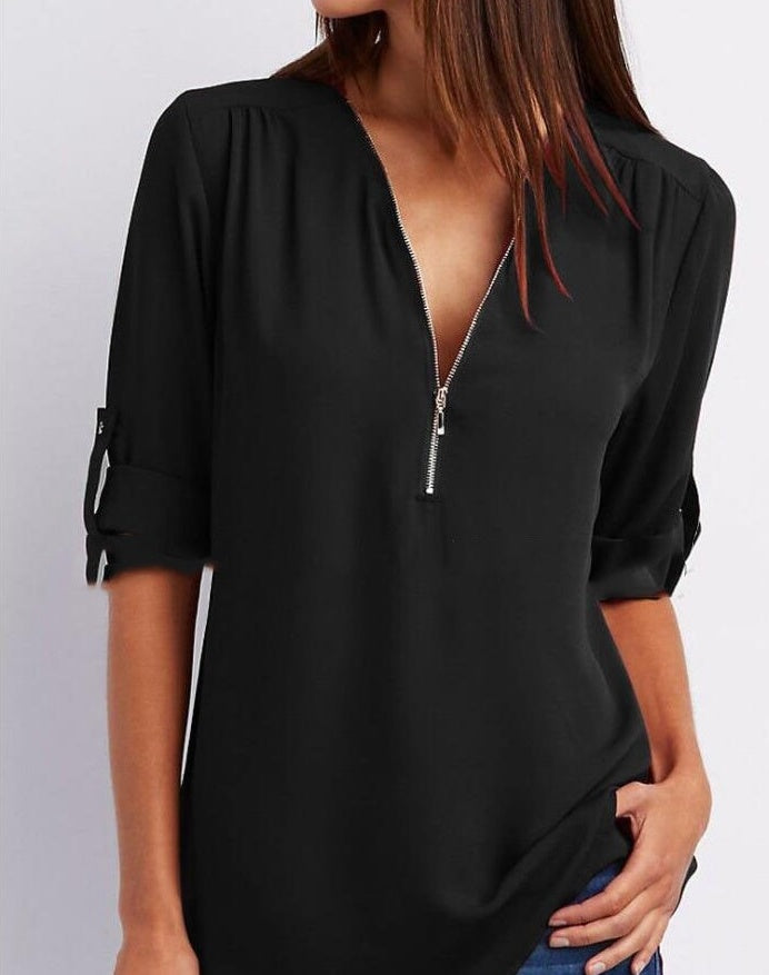 Zip V-neck Shirts Women - Willy05Boutique