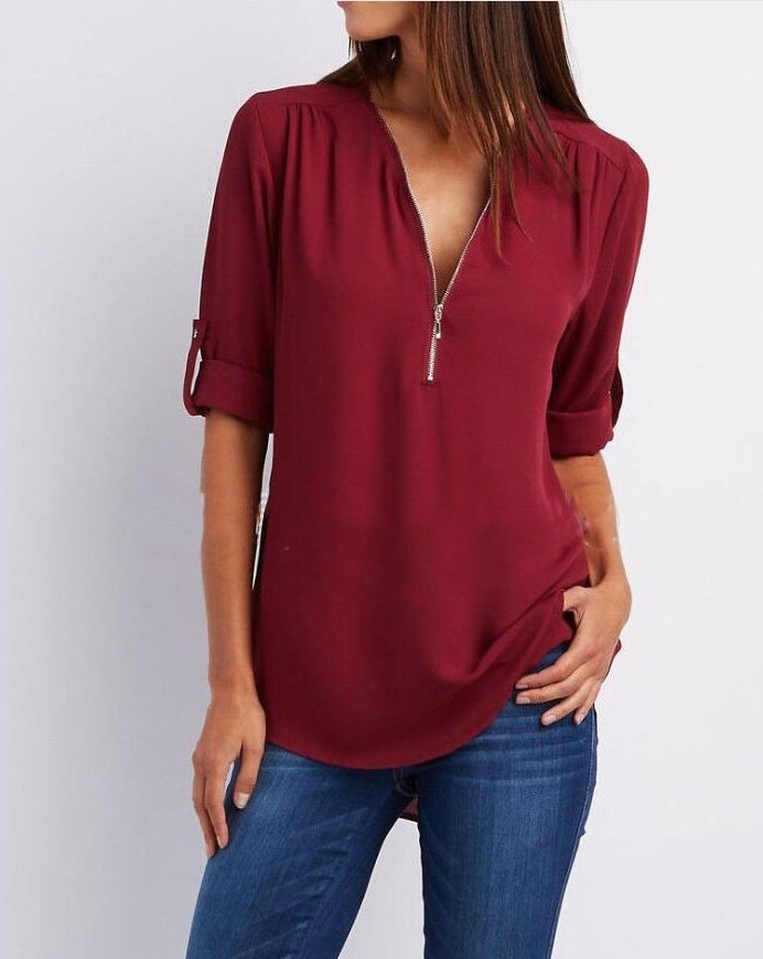 Zip V-neck Shirts Women - Willy05Boutique
