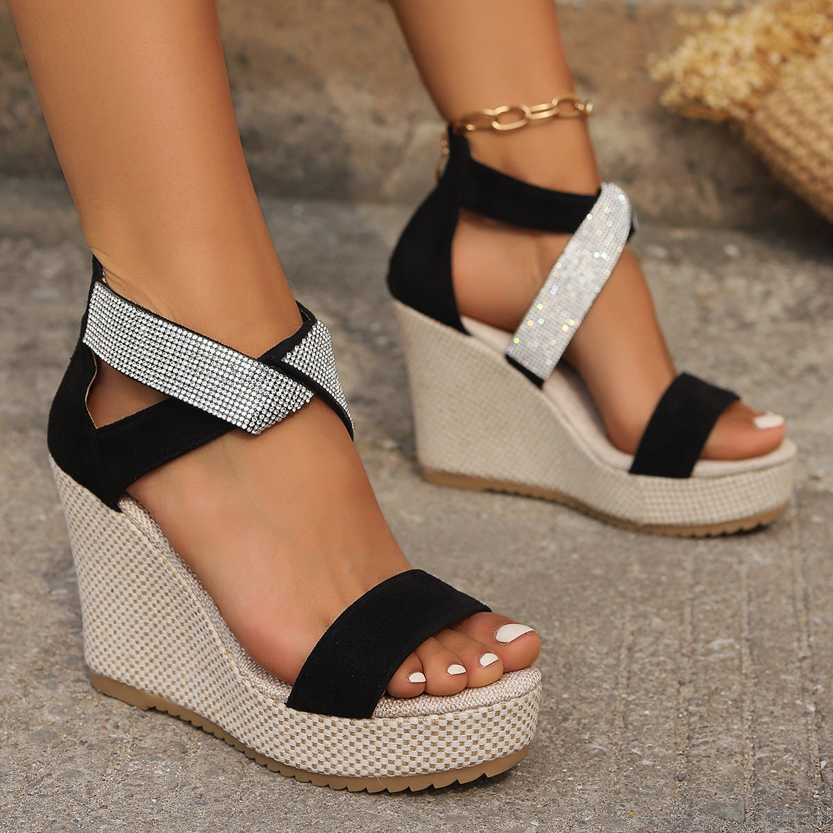 High Wedges Rhinestone Design Fashion Summer Platform Shoes for Women