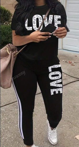 Women Casual Leopard & Letter Print Short Sleeve Top and Pants - Willy05Boutique