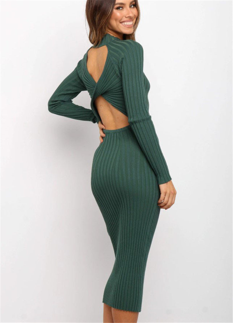 Women's Suits Sweater and Tight dress with Solid Color Backless