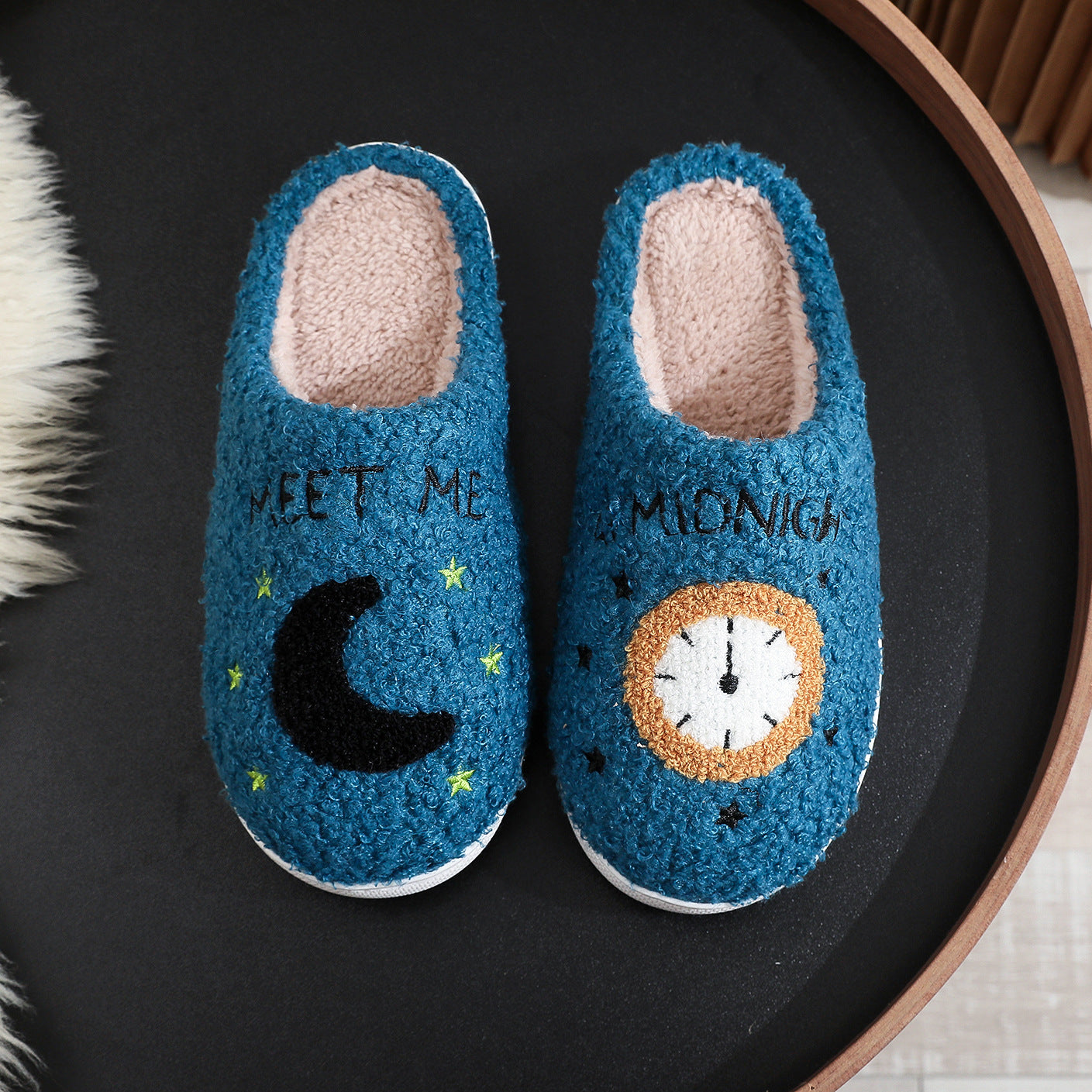Fashion Moon and Clock Print Home Winter Slippers for Women