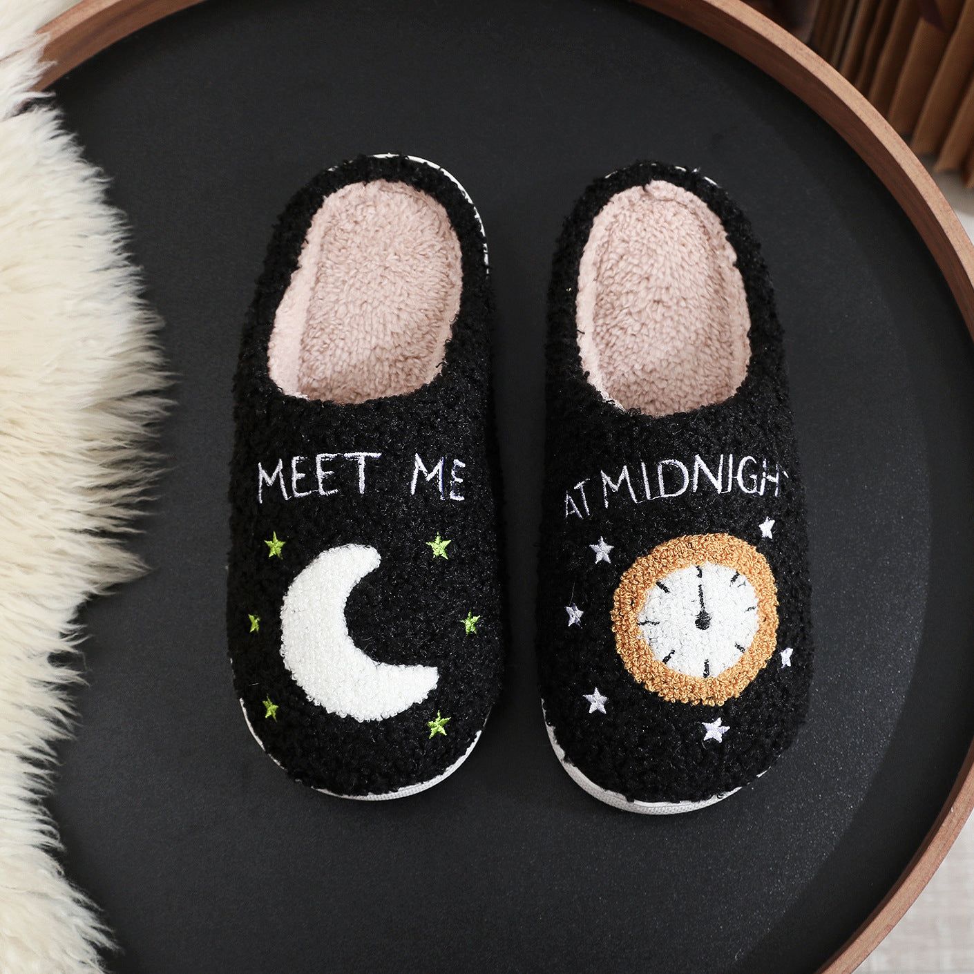 Fashion Moon and Clock Print Home Winter Slippers for Women