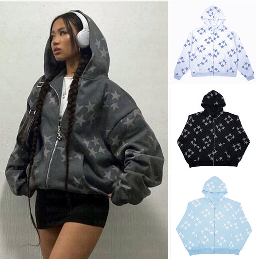 Stars Printed Zipper Hooded Cardigan for men and women