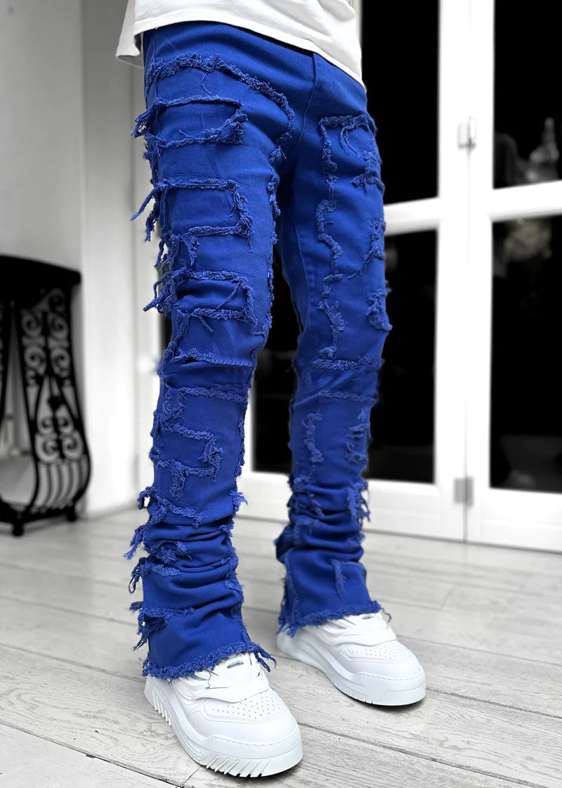 Wide bottom Long Patched Pants Stacked Tight Fit Jeans for Men