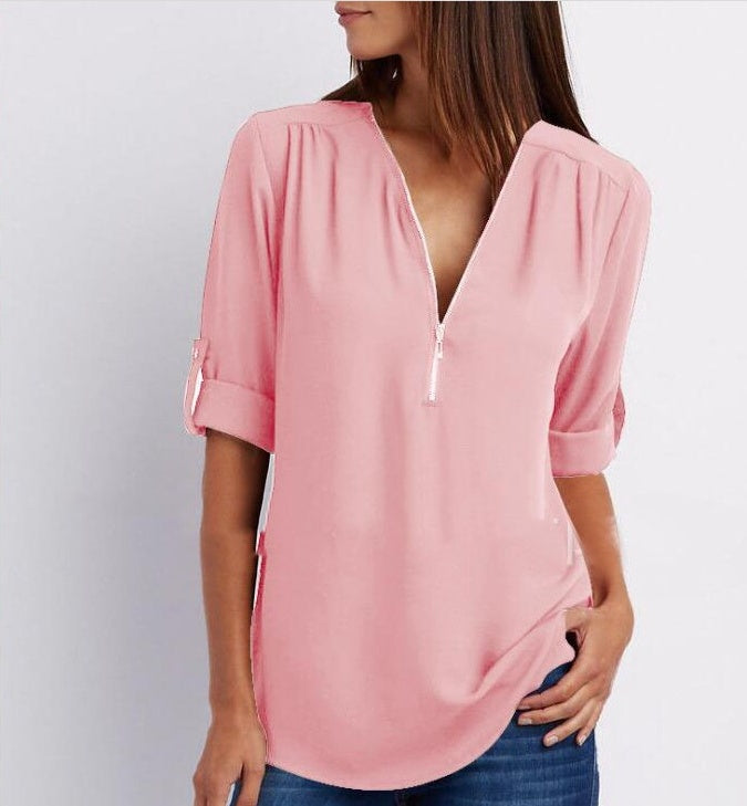 Zip V-neck Shirts Women - Willy05Boutique
