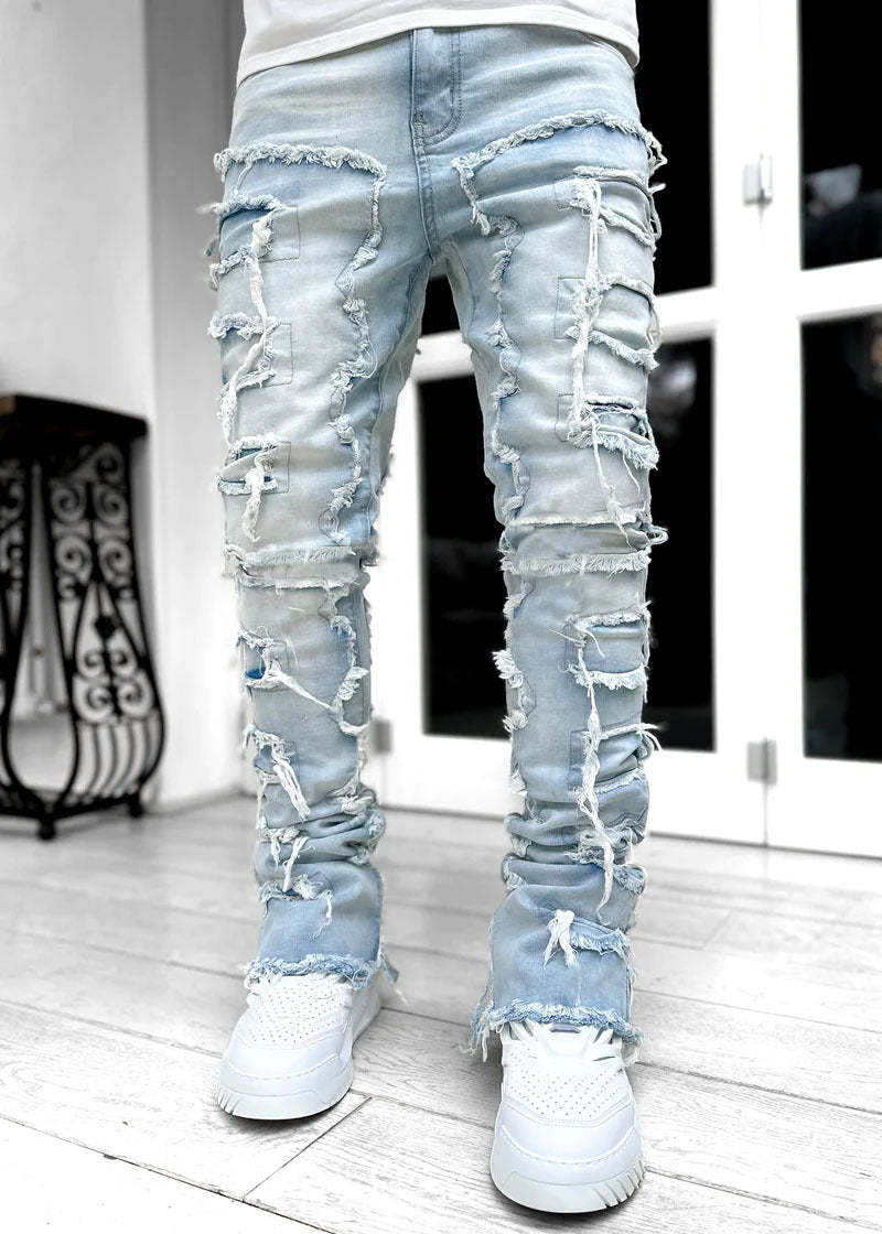 Wide bottom Long Patched Pants Stacked Tight Fit Jeans for Men