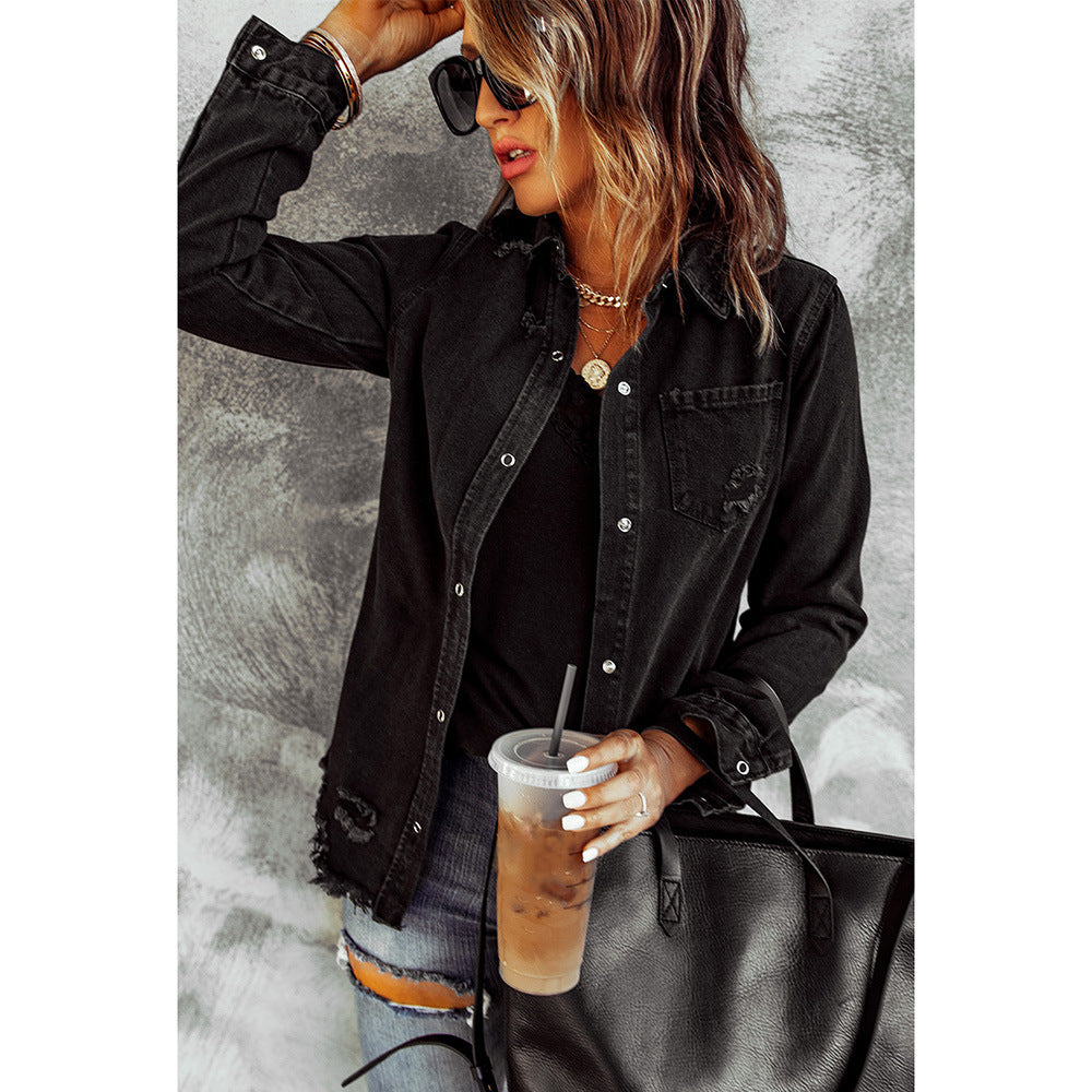 Black Ripped Demin Coat for Women