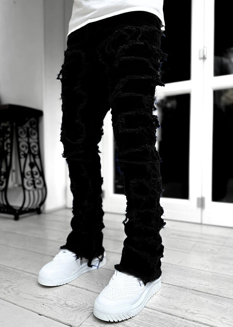 Wide bottom Long Patched Pants Stacked Tight Fit Jeans for Men