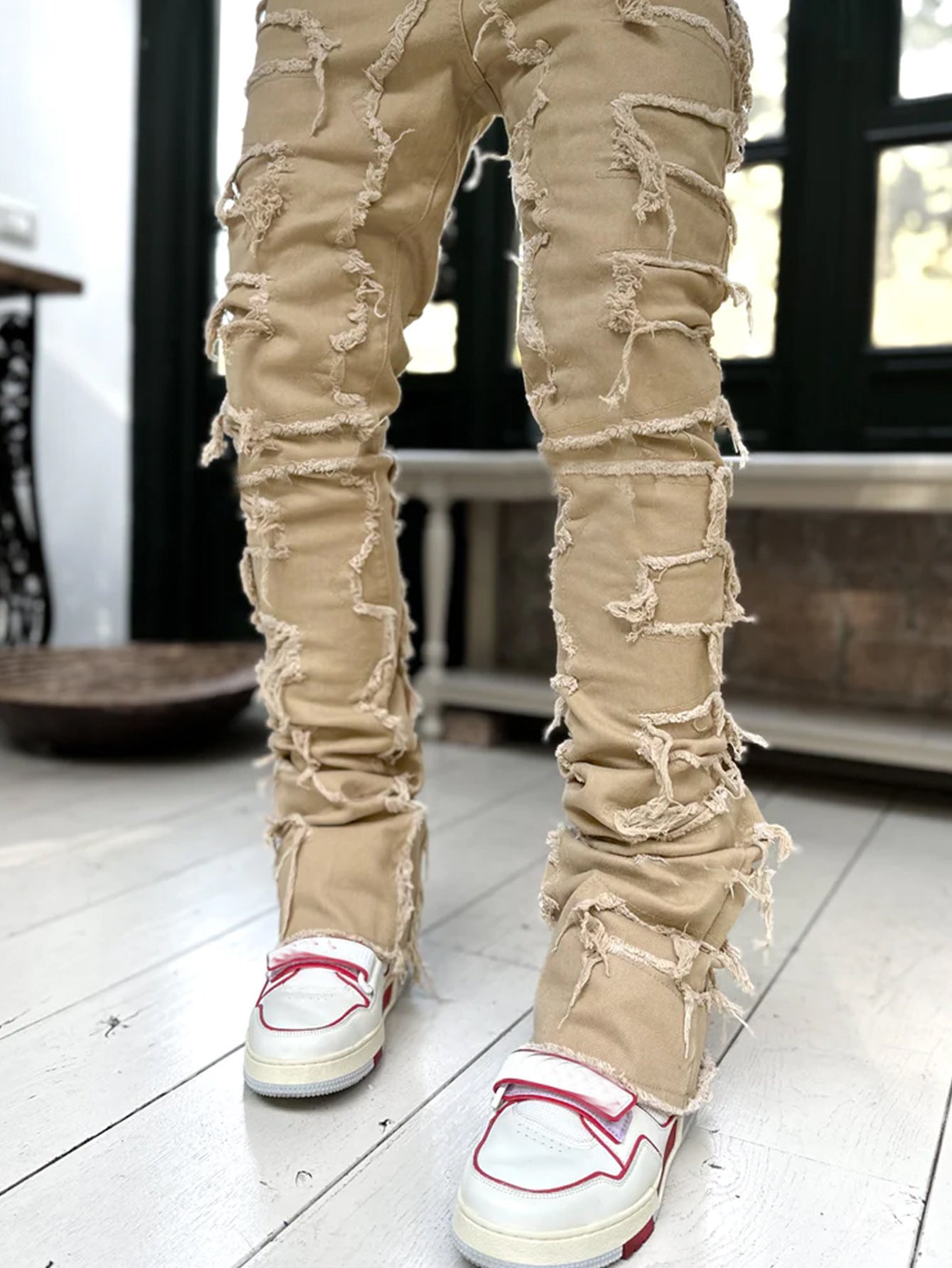 Wide bottom Long Patched Pants Stacked Tight Fit Jeans for Men