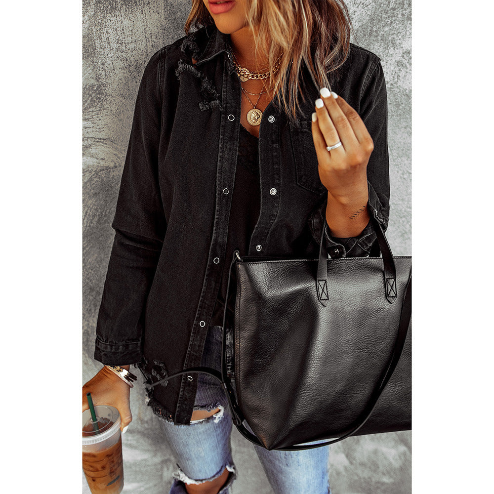 Black Ripped Demin Coat for Women