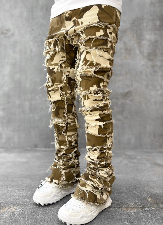 Wide bottom Long Patched Pants Stacked Tight Fit Jeans for Men