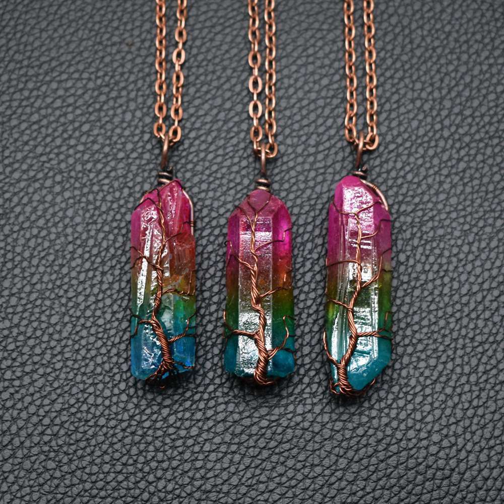 Crystal Stone Pillar Tree of Life Pendant Necklace - Willy05Boutique
