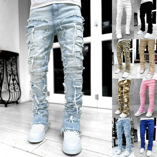 Wide bottom Long Patched Pants Stacked Tight Fit Jeans for Men