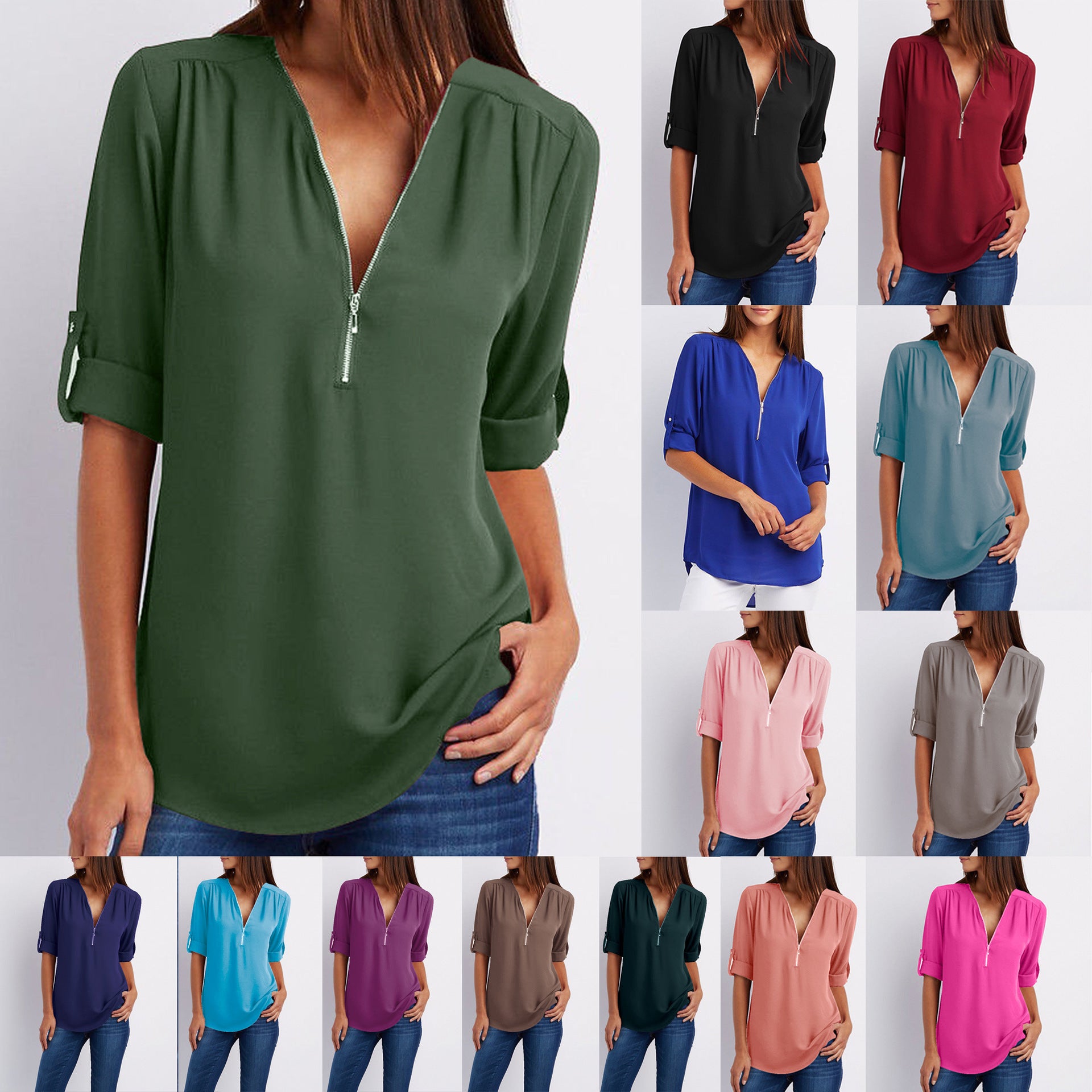 Zip V-neck Shirts Women - Willy05Boutique