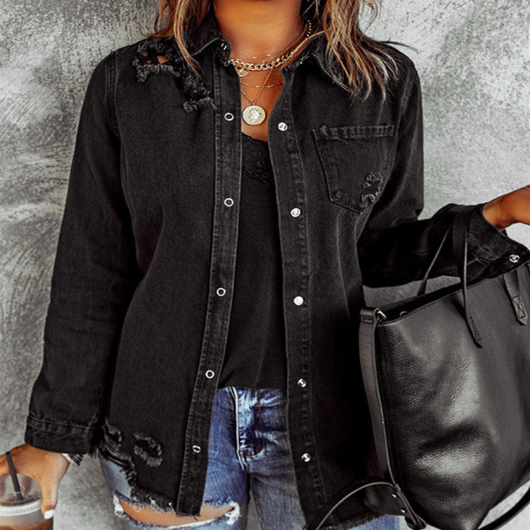 Black Ripped Demin Coat for Women