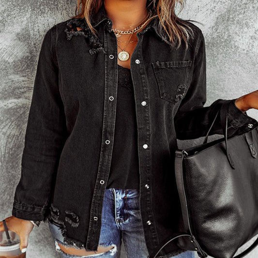 Black Ripped Demin Coat for Women