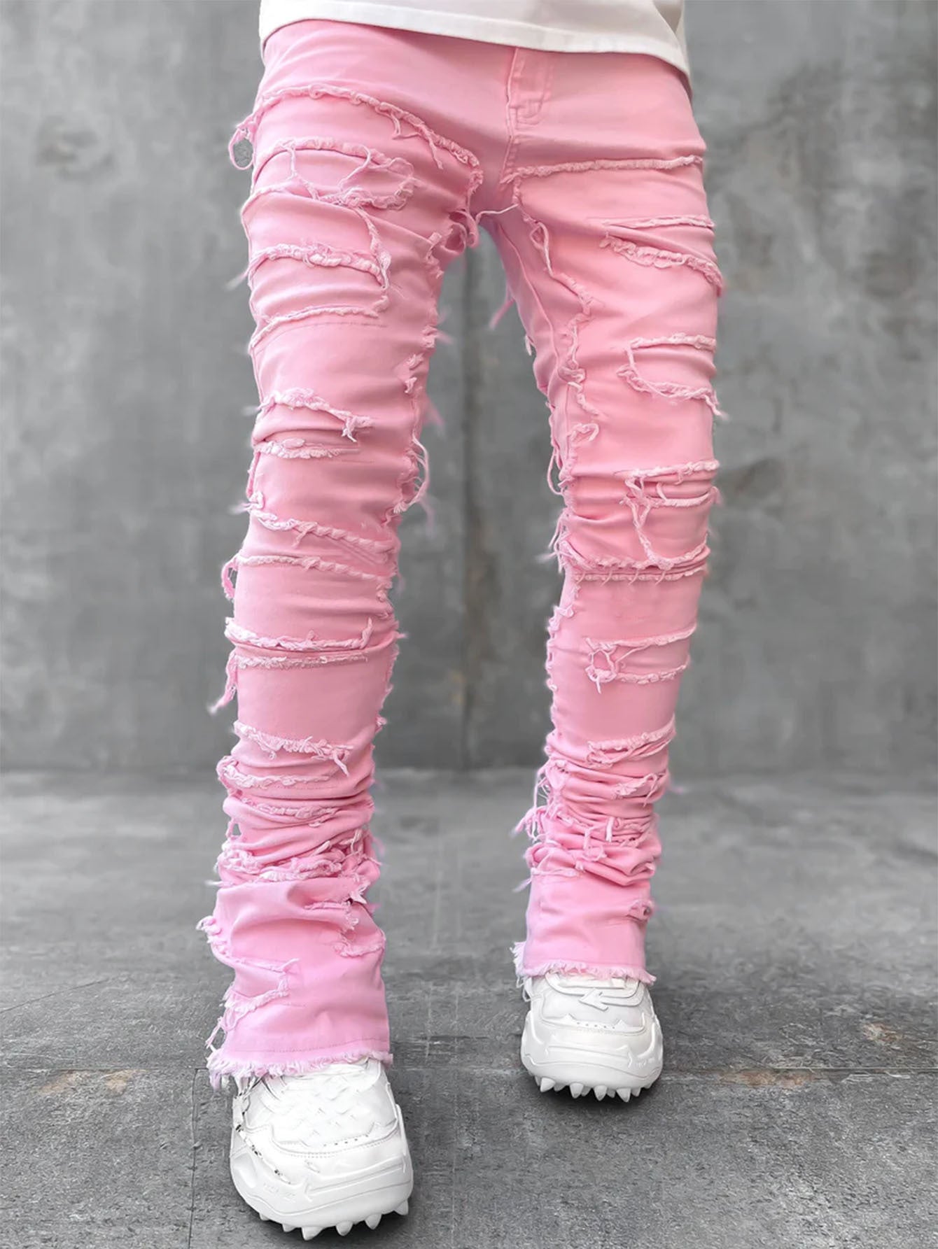 Wide bottom Long Patched Pants Stacked Tight Fit Jeans for Men