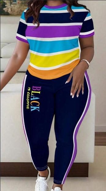 Colorful Women Stripe Print T-Shirt and Pants Set