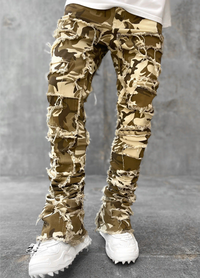 Wide bottom Long Patched Pants Stacked Tight Fit Jeans for Men