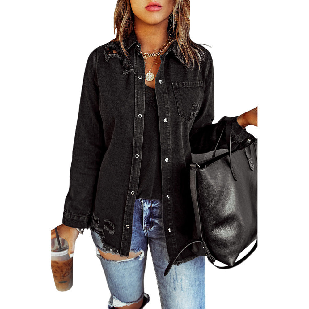 Black Ripped Demin Coat for Women