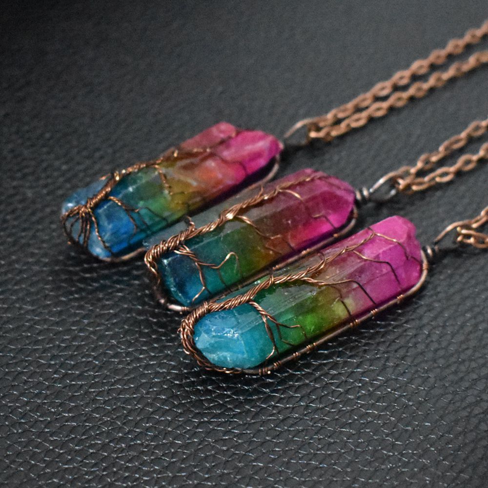Crystal Stone Pillar Tree of Life Pendant Necklace - Willy05Boutique