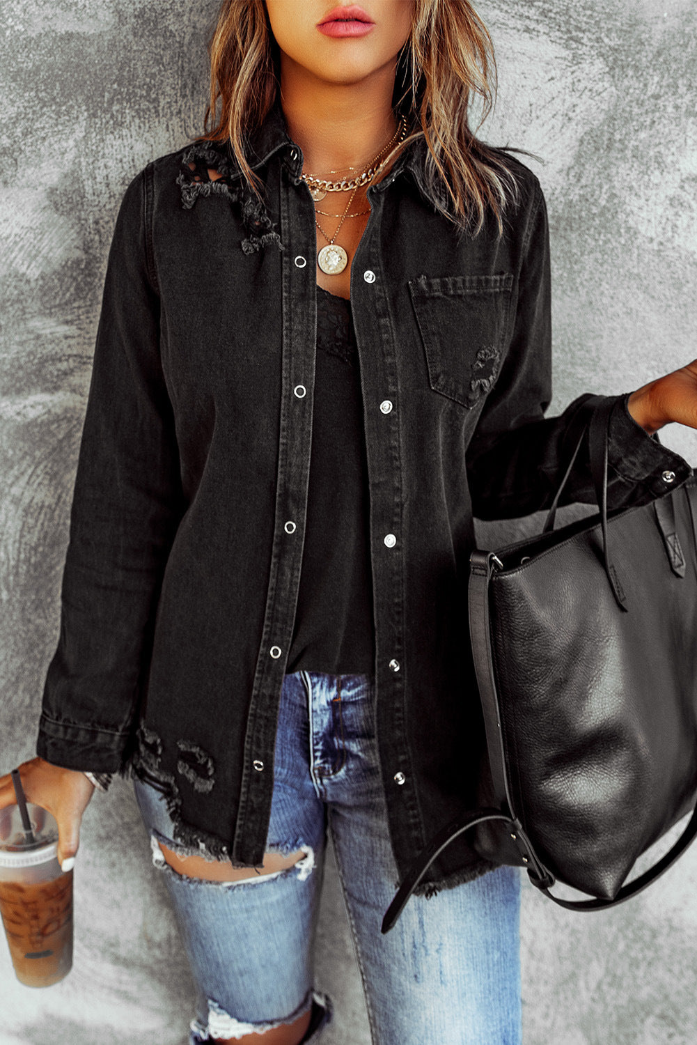 Black Ripped Demin Coat for Women