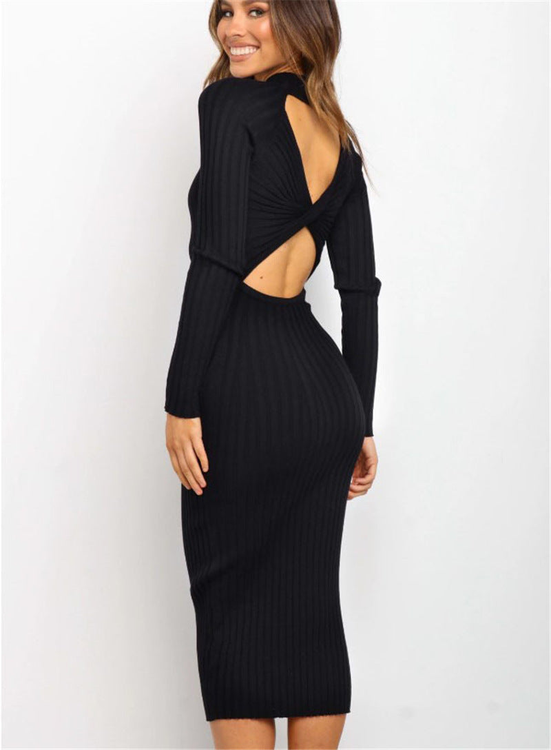 Women's Suits Sweater and Tight dress with Solid Color Backless