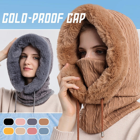 Warm Windproof Knit Hats Hooded with Scarf for Women