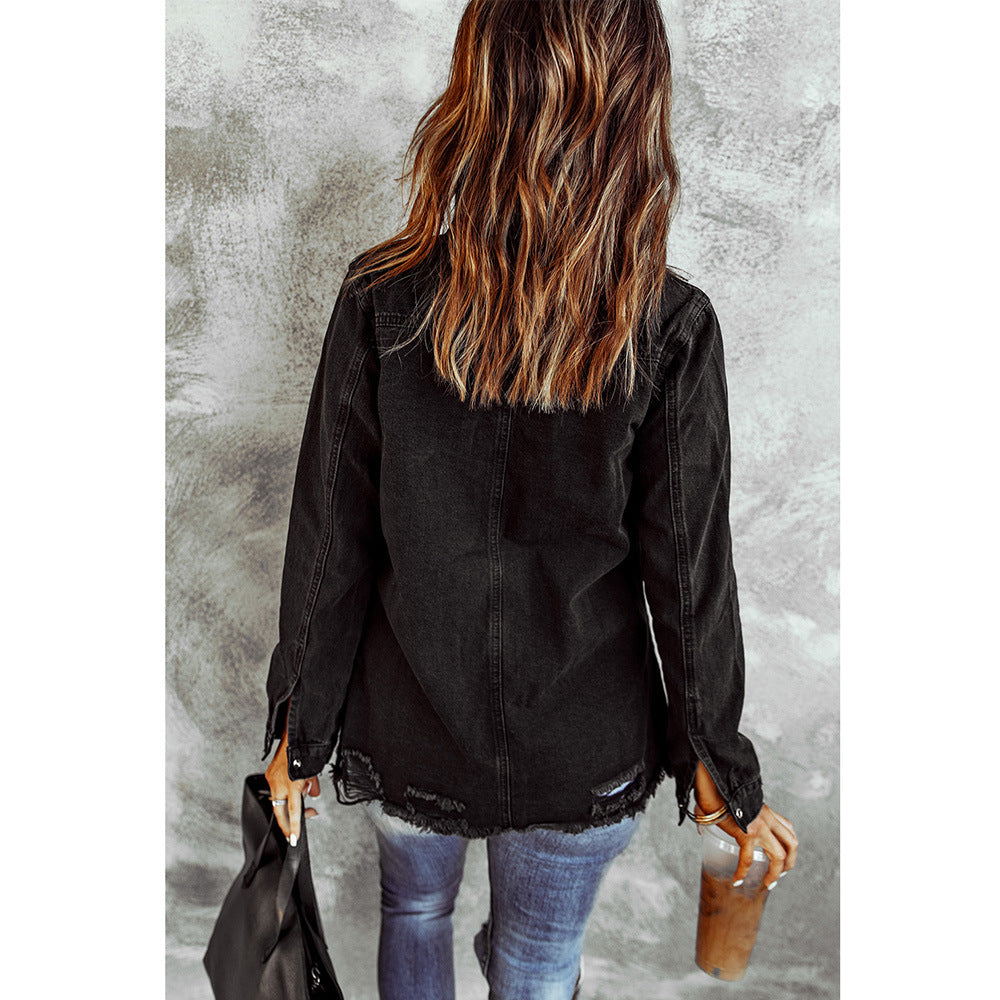 Black Ripped Demin Coat for Women