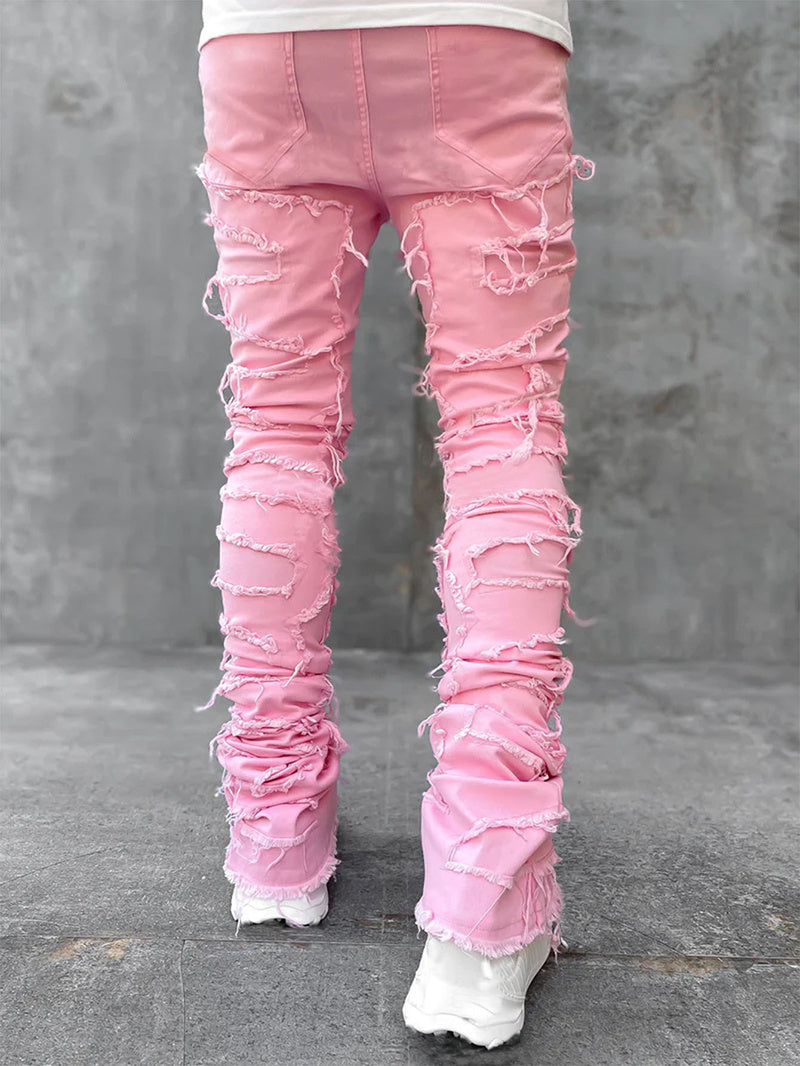 Wide bottom Long Patched Pants Stacked Tight Fit Jeans for Men