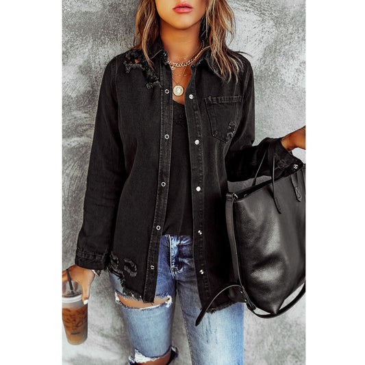 Black Ripped Demin Coat for Women