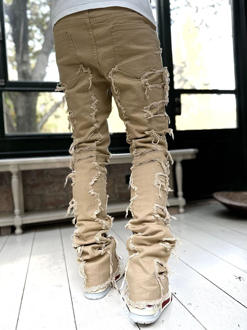 Wide bottom Long Patched Pants Stacked Tight Fit Jeans for Men